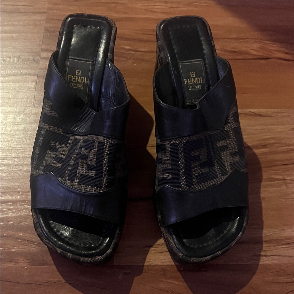 Fendi Black and Brown Leather Slides